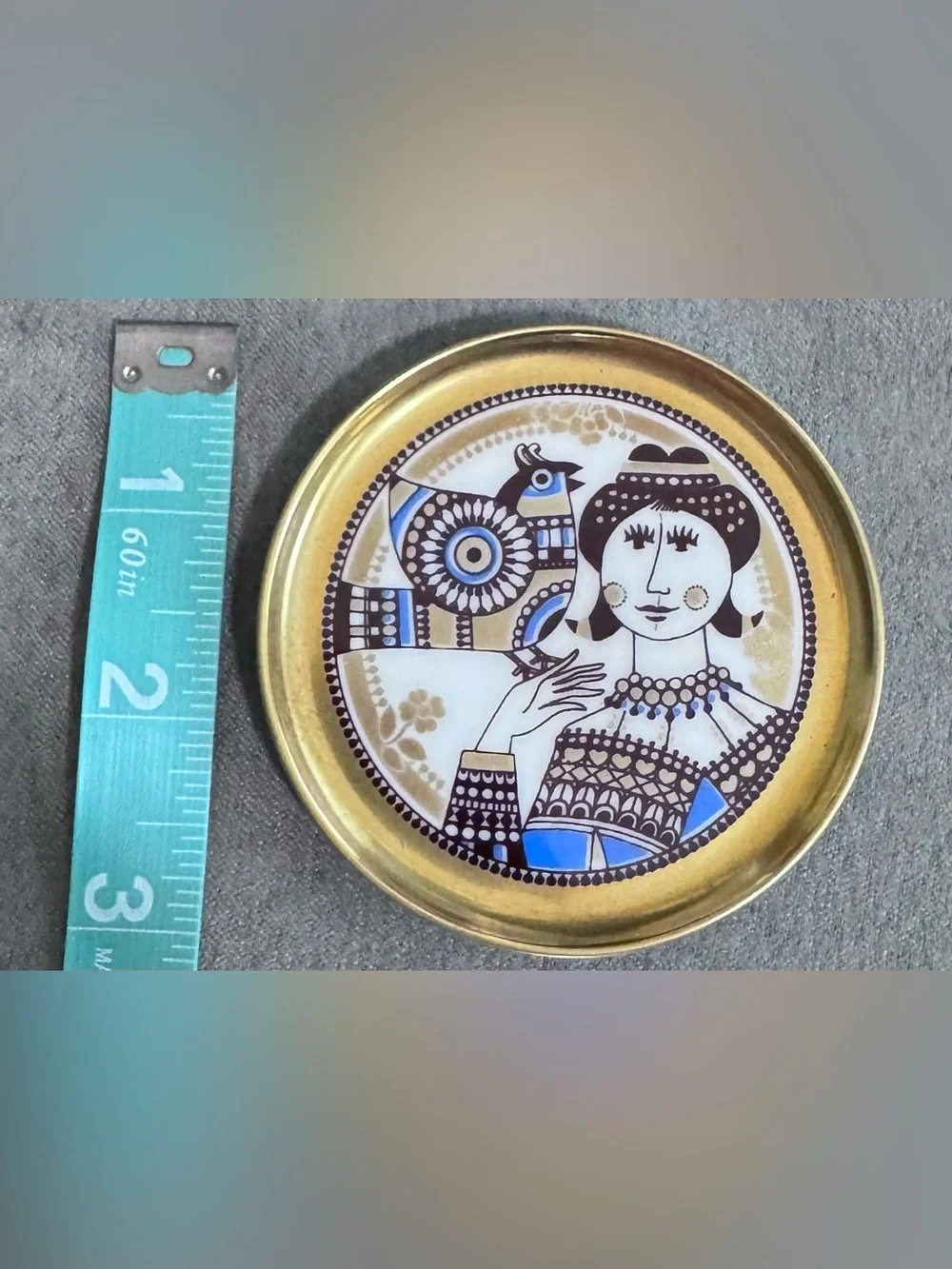 Decorative Trinket Plate with Blue and Gold Folk Art Portrait